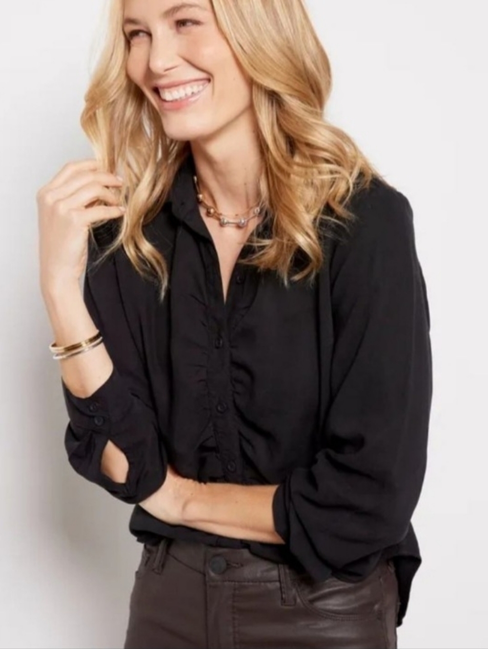 Cloth & Stone Evereve Black Ruched Long Sleeve Black Blouse Size XS NEW NWT